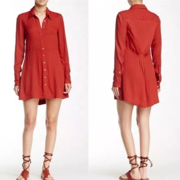 Free People This Town Red Long Sleeve Button-Down Shirt Dress - Picture 1 of 7